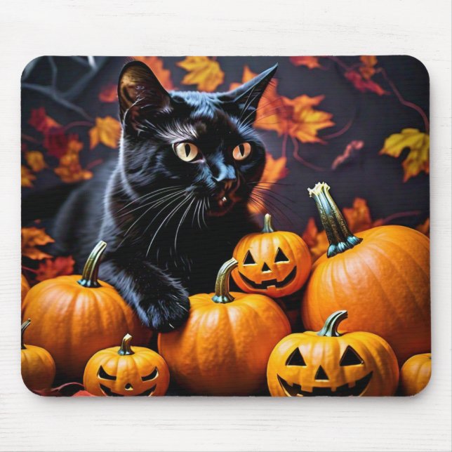 Hösten Halloween Black Cat & Pumpkins Mouse Pad Musmatta (Framsidan)