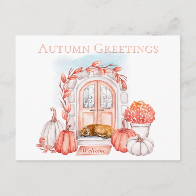 Hösten Hälsning Cat vid Mysiga högsäsong vid dörr Vykort (Framsida)