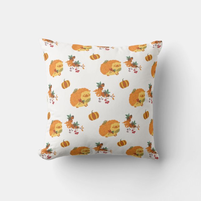 Hösten Hedgehog, Höst löv och Pumpkins White Kudde (Framsida)