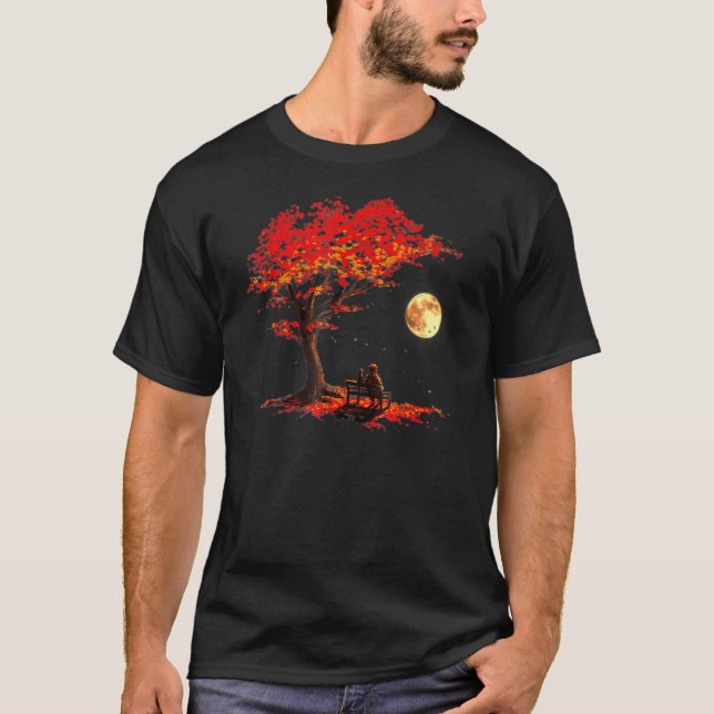 Hösten Höst löv Måne astronaut med katt yttre S T Shirt (Framsida)