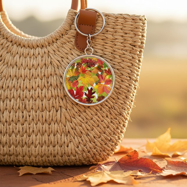 Hösten Höst löv Rund Silverfärgad Nyckelring (Autumn Fall Leaves Keychain
)