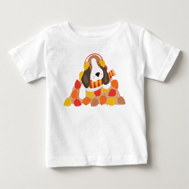 Hösten Hund, Cute Hund, Basset Hound, Höst löv T Shirt (Framsida)