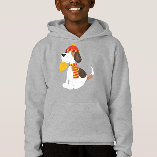Hösten Hund, Cute Hund, Scarf, Hat, Höst löv T Shirt (Framsida)