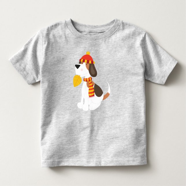 Hösten Hund, Cute Hund, Scarf, Hat, Höst löv T Shirt (Framsida)