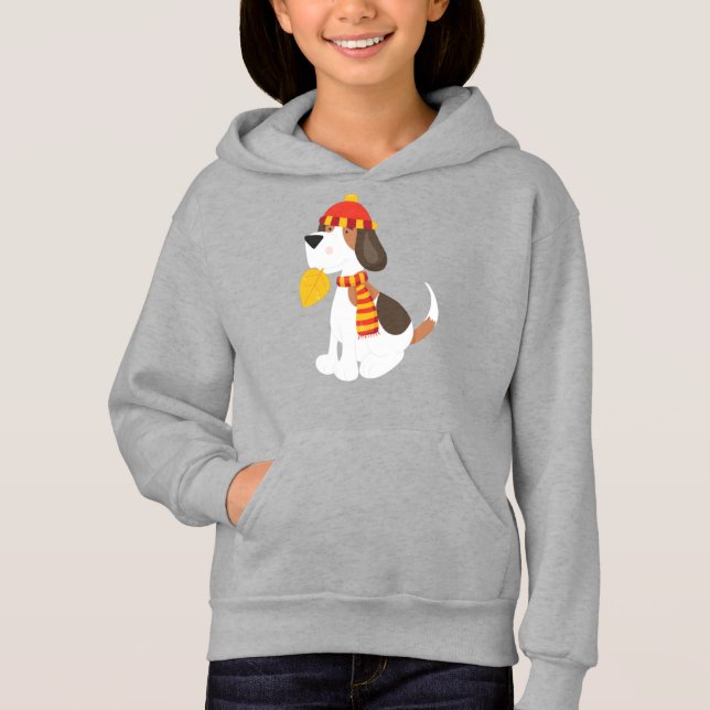 Hösten Hund, Cute Hund, Scarf, Hat, Höst löv T Shirt (Framsida)