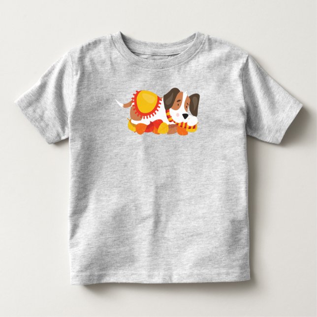 Hösten Hund, Cute Hund, Spipande Hund, Höst löv T Shirt (Framsida)