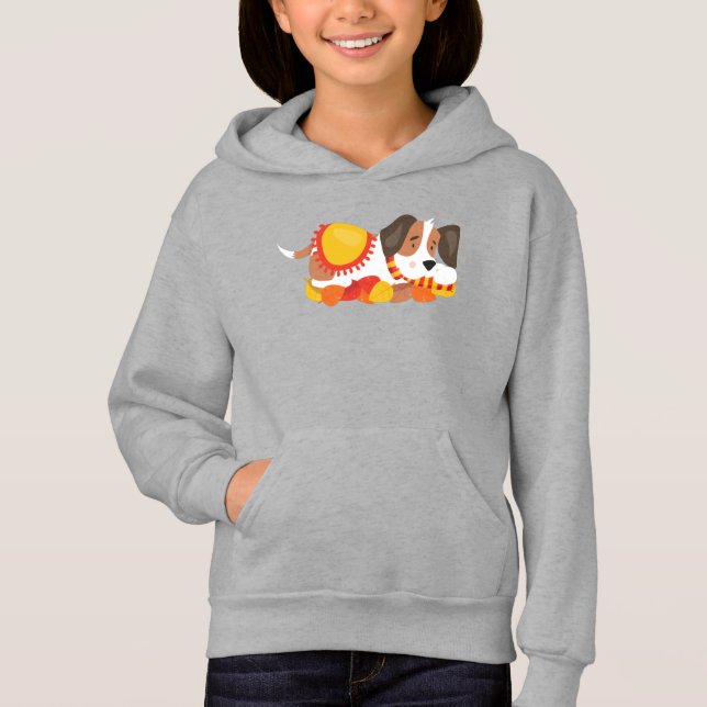 Hösten Hund, Cute Hund, Spipande Hund, Höst löv T Shirt (Framsida)
