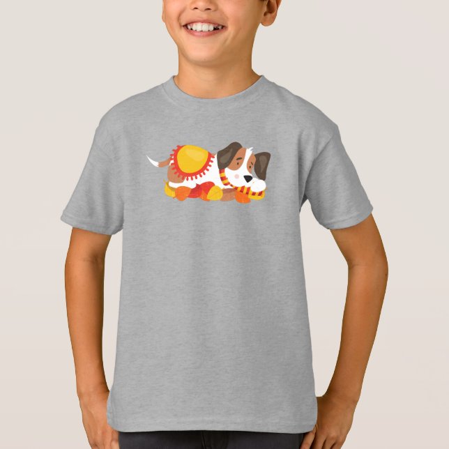 Hösten Hund, Cute Hund, Spipande Hund, Höst löv T Shirt (Framsida)