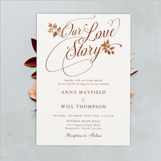 Hösten Kärlek Story Romantic Calligraphy Bröllop Inbjudningar (fall leaves love story romantic calligraphy wedding invitation rustic elegant modern classic simple)
