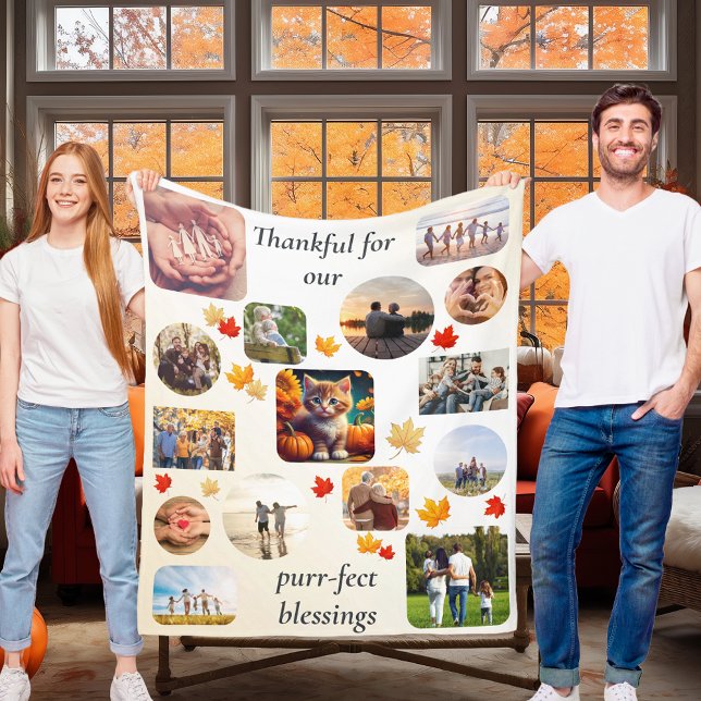 Hösten Kitten 13 Photo Collage Thanksgiving Cat Fleecefilt (Thanksgiving autumn ginger kitten cat theme home decor blanket housewarming gift leaf photo collage)