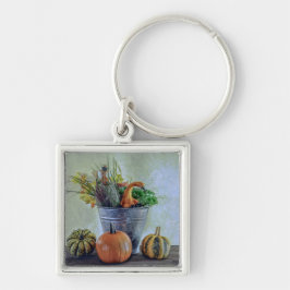 Hösten lever fortfarande med pumpor, blommor fyrkantig silverfärgad nyckelring