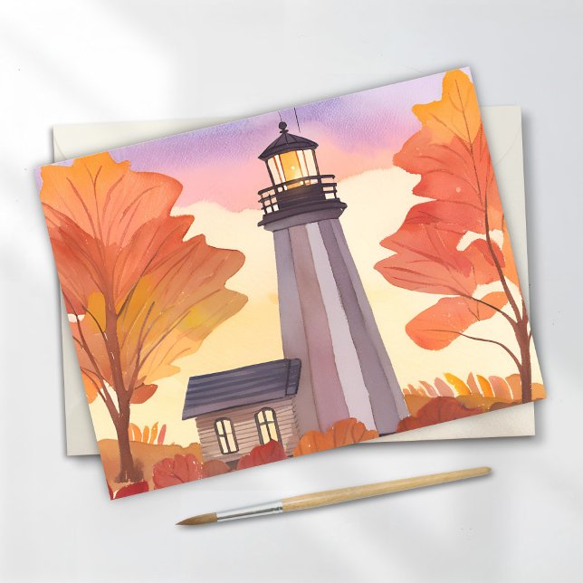 Hösten Lighthouse | Fall Foliage Watercolor Vykort (Skapare uppladdad)
