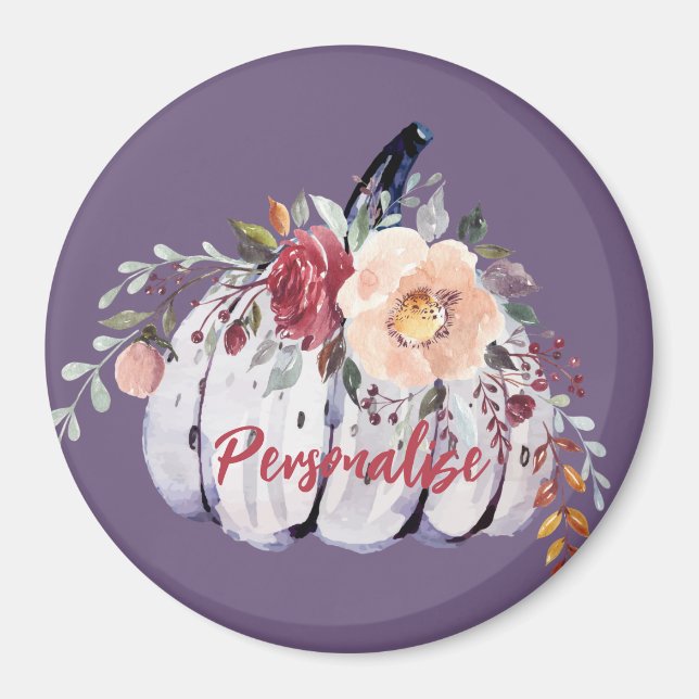 Hösten lila pumkin grått blommigt vattenfärg  magnet (Framsidan)