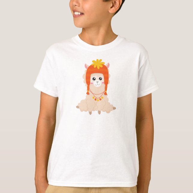 Hösten Llama, Cute Llama, Llama with Hat, Alpaca T Shirt (Framsida)