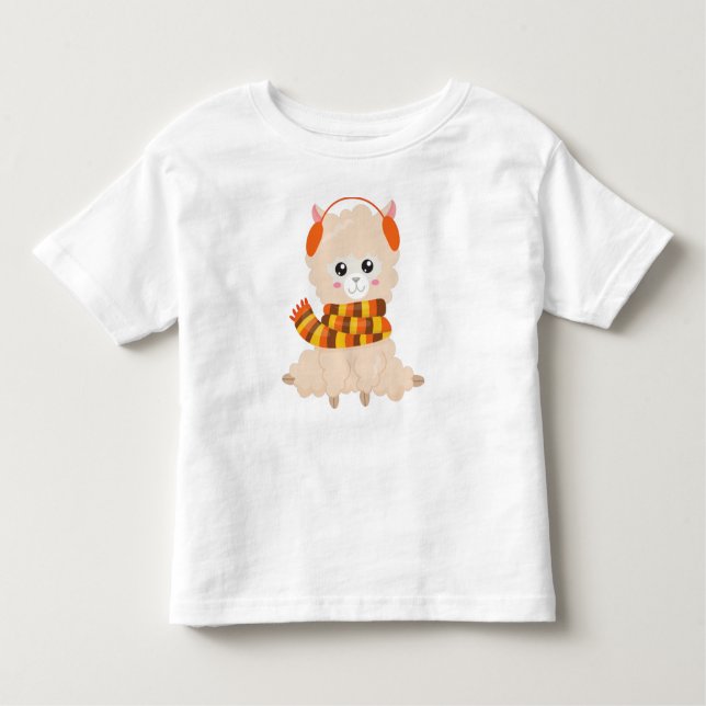 Hösten Llama, Cute Llama, Llama with Scarf, Alpaca T Shirt (Framsida)