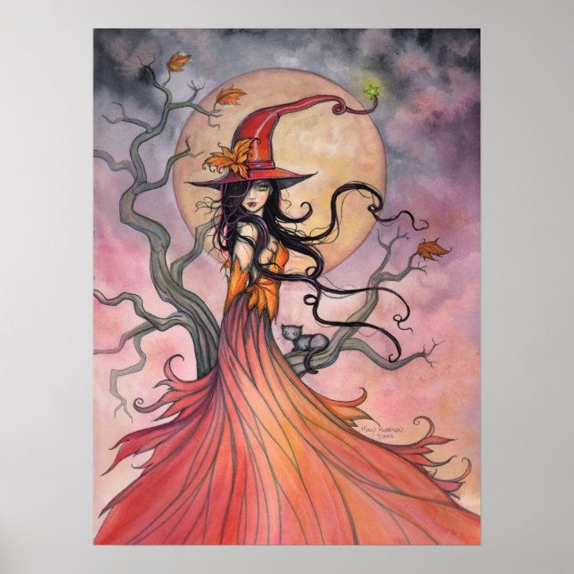 Hösten Magic Halloween Witch and Cat Art Poster (Framsidan)