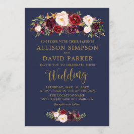 Hösten Marsala Blommigt Navy Elegant bröllop Card Inbjudningar