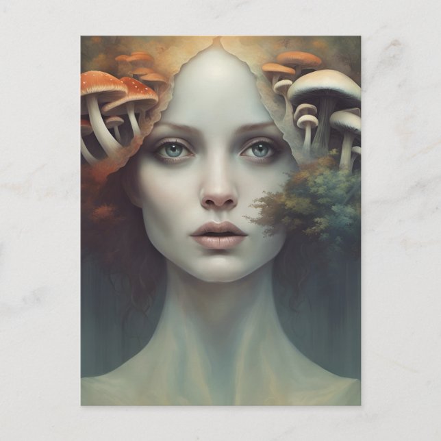 Hösten Mushroom Woman-vykort Vykort (Framsida)
