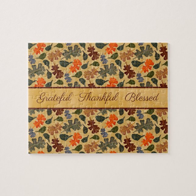 Hösten Oak Träd Lämnar tacksamt tacksamt välsignat Pussel (Horisontell)