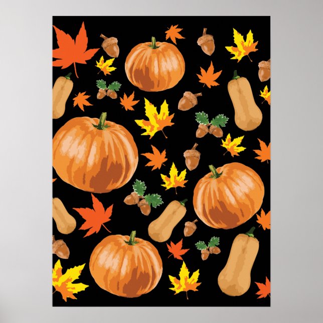 Hösten Orange Pumpkin Fall Mönster Poster (Framsidan)