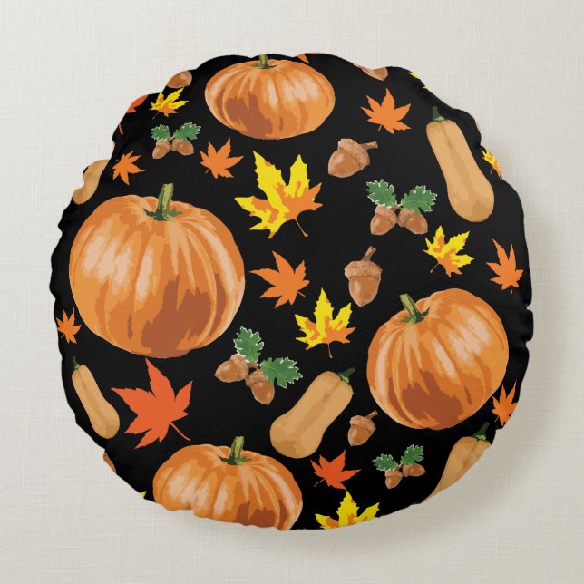 Hösten Orange Pumpkin Fall Mönster Rund Kudde (Framsidan)