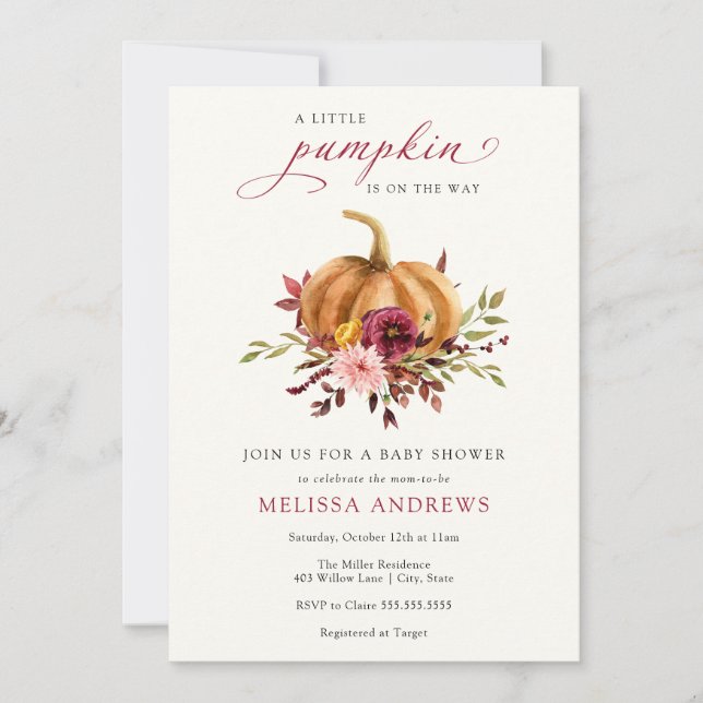 Hösten Pumpkin Burgundy Foliage Baby Shower Inbjudningar (Framsida)