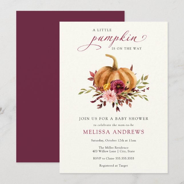 Hösten Pumpkin Burgundy Foliage Baby Shower Invita Inbjudningar (Fram/baksida)