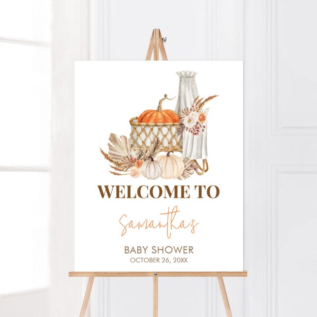 Hösten Pumpkin Fall i Kärlek Välkomstbabydusch Poster (Boho Orange Pumpkin Baby Shower Welcome Sign)
