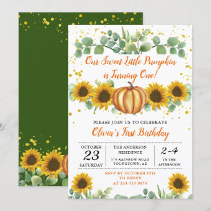 Hösten Pumpkin Greenery Sunblommor Fall Birthday Inbjudningar
