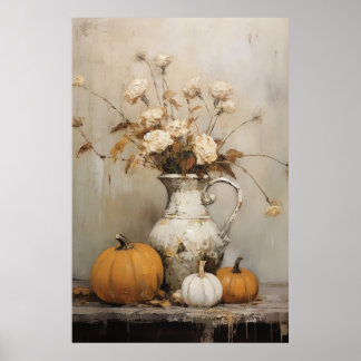 Hösten Pumpkin och Blommigt still Lifandelfärgning Poster