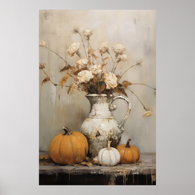 Hösten Pumpkin och Blommigt still Lifandelfärgning Poster (Framsidan)