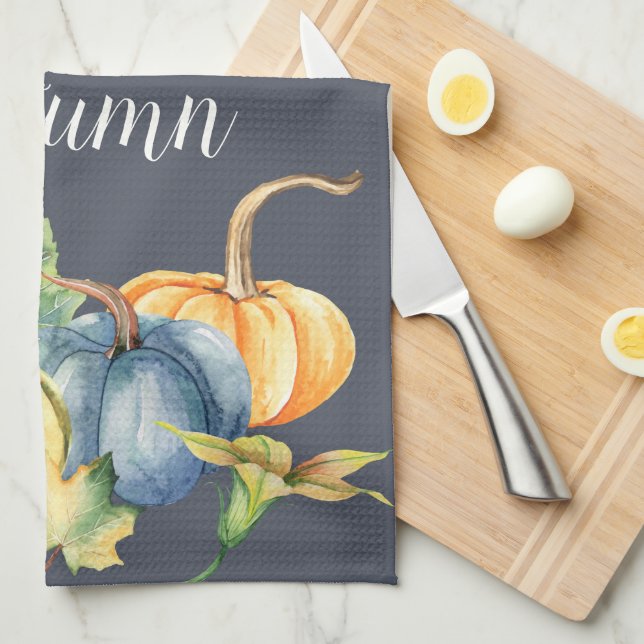 Hösten Pumpkin Watercolor Navy Blue Kökshandduk (Vikt i Fjärdedel)