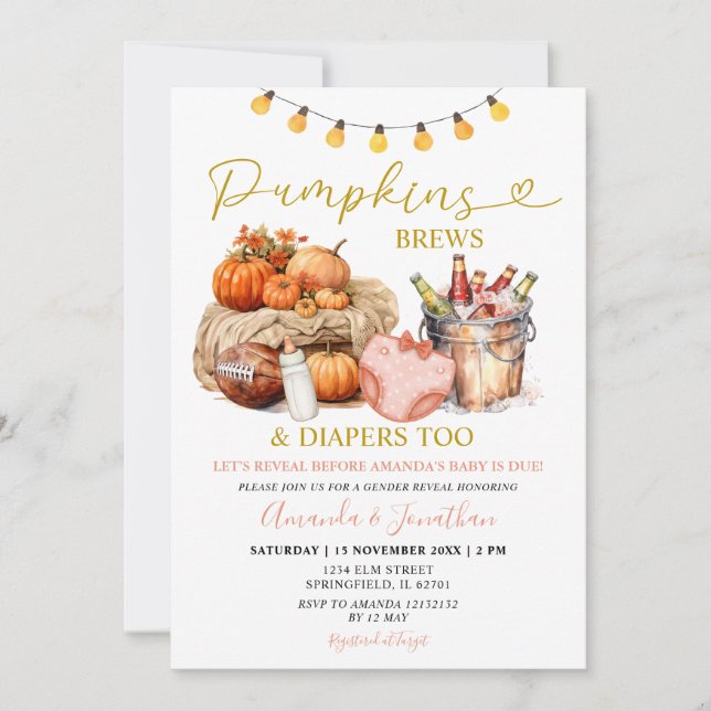Hösten Pumpkins Brews Diaper Girl Gender Reveal Inbjudningar (Framsida)