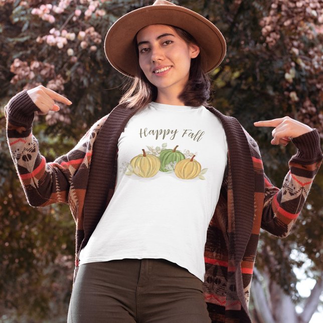 Hösten Pumpkins Lycklig Fall Watercolor T Shirt (Happy Fall Pumpkin Gourds Womens T Shirt.)