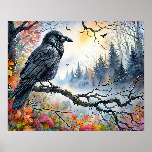 Hösten Raven Watercolor Art Poster (Framsidan)