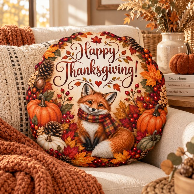 Hösten Rävs Thanksgiving-illustration Rund Kudde (Skapare uppladdad)