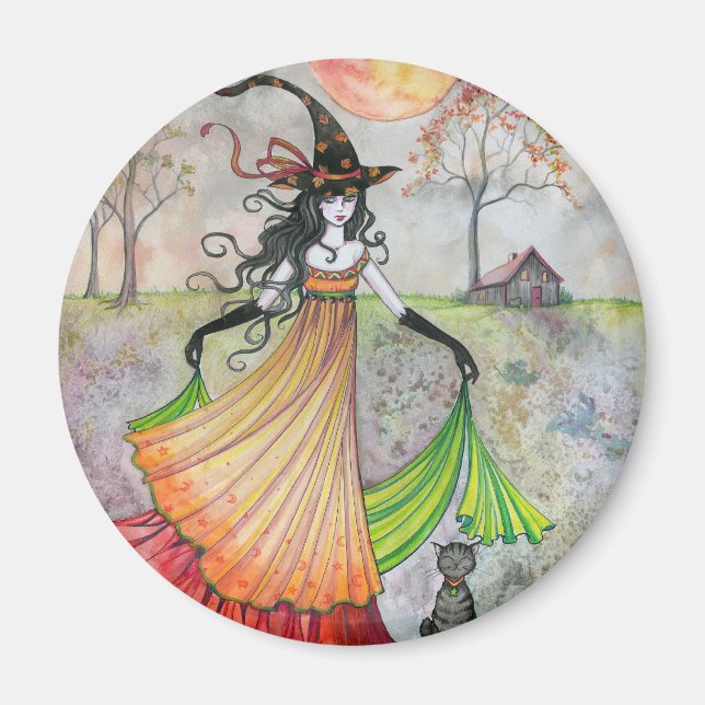 Hösten Reverie Witch och Cat Halloween Art Art Magnet (Framsidan)
