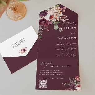 Hösten Romantik Burgundy Blommigt Bröllop QR-kod