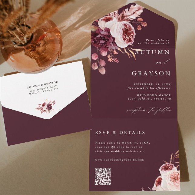 Hösten Romantik Burgundy Blommigt Bröllop QR-kod (Inside & Back)