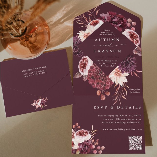 Hösten Romantik Burgundy Blommigt Bröllop QR-kod (Inside & Back)