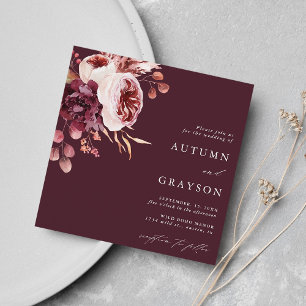 Hösten Romantik Burgundy Blommigt Bröllop Square Inbjudningar