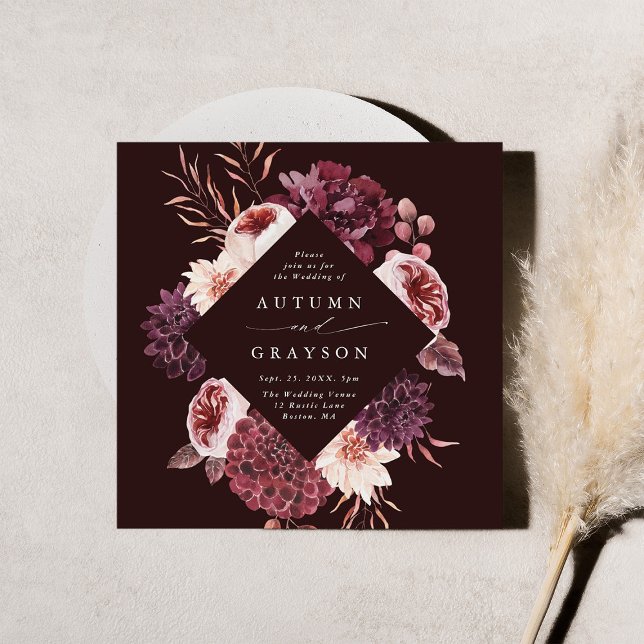 Hösten Romantik Burgundy Blommigt Bröllop Square Inbjudningar (Skapare uppladdad)
