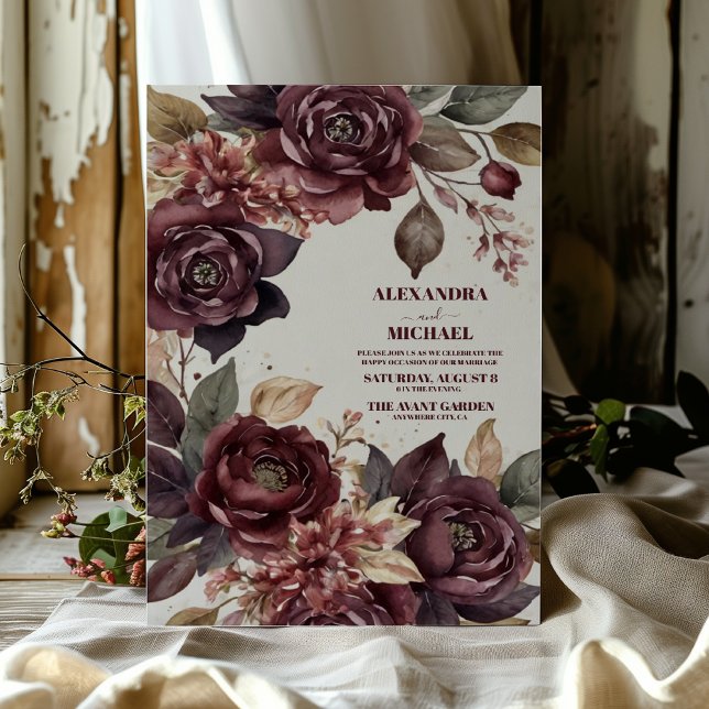 Hösten Romantik Burgundy Watercolor Bröllop Inbjudningar (Skapare uppladdad)