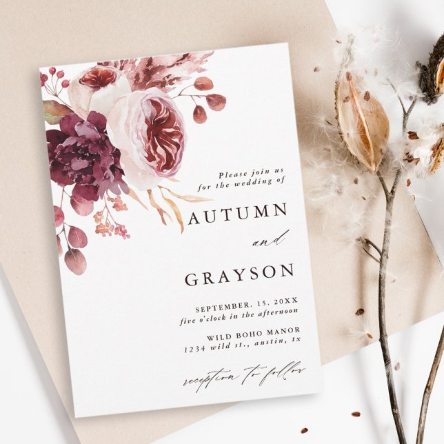 Hösten Romantik Elegant Watercolor Blommigt Bröllo Inbjudningar (Skapare uppladdad)