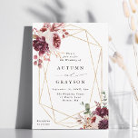 Hösten Romantik Guld Geometric Ram Bröllop Inbjudningar<br><div class="desc">Den här bröllopsinbjudan innehåller vattenfärgsblommor i Dahlia,  trädgården ro,  peony,  pampas-gräs och hydrangea i burgundrött,  terracotta,   rosa över höst löv med ett faux guld geometriskt ram. Om du vill ha en mer avancerad anpassning av den här designen klickar du på BLUE DESIGN VERKTYG. Matchande objekt är också tillgängliga.</div>