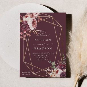 Hösten Romantik Guld Geometric Watercolor Bröllop Inbjudningar