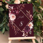 Hösten Romantik Guld Ram Burgundy Bröllop Bordsnummer<br><div class="desc">Bordsnumret bröllop har en vattenfärgad blomkrans av dahlier,  trädgårdsodling och ro,  och en jordnöt i burgundrött,  maron,   rosa över höst löv med en faux guld-diamantform ram. Om du vill ha en mer avancerad anpassning av den här designen klickar du på BLUE DESIGN VERKTYG. Matchande objekt är också tillgängliga.</div>