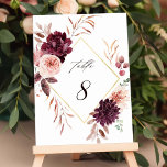 Hösten Romantik Guld Ram Burgundy Bröllop Bordsnummer<br><div class="desc">Bordsnumret bröllop har en vattenfärgad blomkrans av dahlier,  trädgårdsodling och ro,  och en jordnöt i burgundrött,  maron,   rosa över höst löv med en faux guld-diamantform ram. Om du vill ha en mer avancerad anpassning av den här designen klickar du på BLUE DESIGN VERKTYG. Matchande objekt är också tillgängliga.</div>