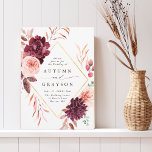 Hösten Romantik Guld Ram Burgundy Bröllop Inbjudningar<br><div class="desc">Den här bröllopsinbjudan innehåller en vattenfärgsblomma av dahlias,  trädgårdsodling och ro i burgundrött,  maron,   rosa över höst löv med en faux guld diamantform ram. Om du vill ha en mer avancerad anpassning av den här designen klickar du på BLUE DESIGN VERKTYG. Matchande objekt är också tillgängliga.</div>