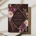 Hösten Romantik Guld Ram Burgundy Bröllop Invita Inbjudningar<br><div class="desc">Den här bröllopsinbjudan innehåller en vattenfärgsblomma av dahlias,  trädgårdsodling och ro i burgundrött,  maron,   rosa över höst löv med en faux guld diamantform ram. Om du vill ha en mer avancerad anpassning av den här designen klickar du på BLUE DESIGN VERKTYG. Matchande objekt är också tillgängliga.</div>